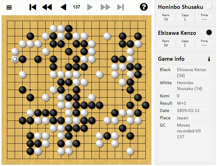historical GO game: Ebizawa Kenzo - Honinbo Shusaku (12th March 1859) using SGF Player Wgo.js (Version 2.0)